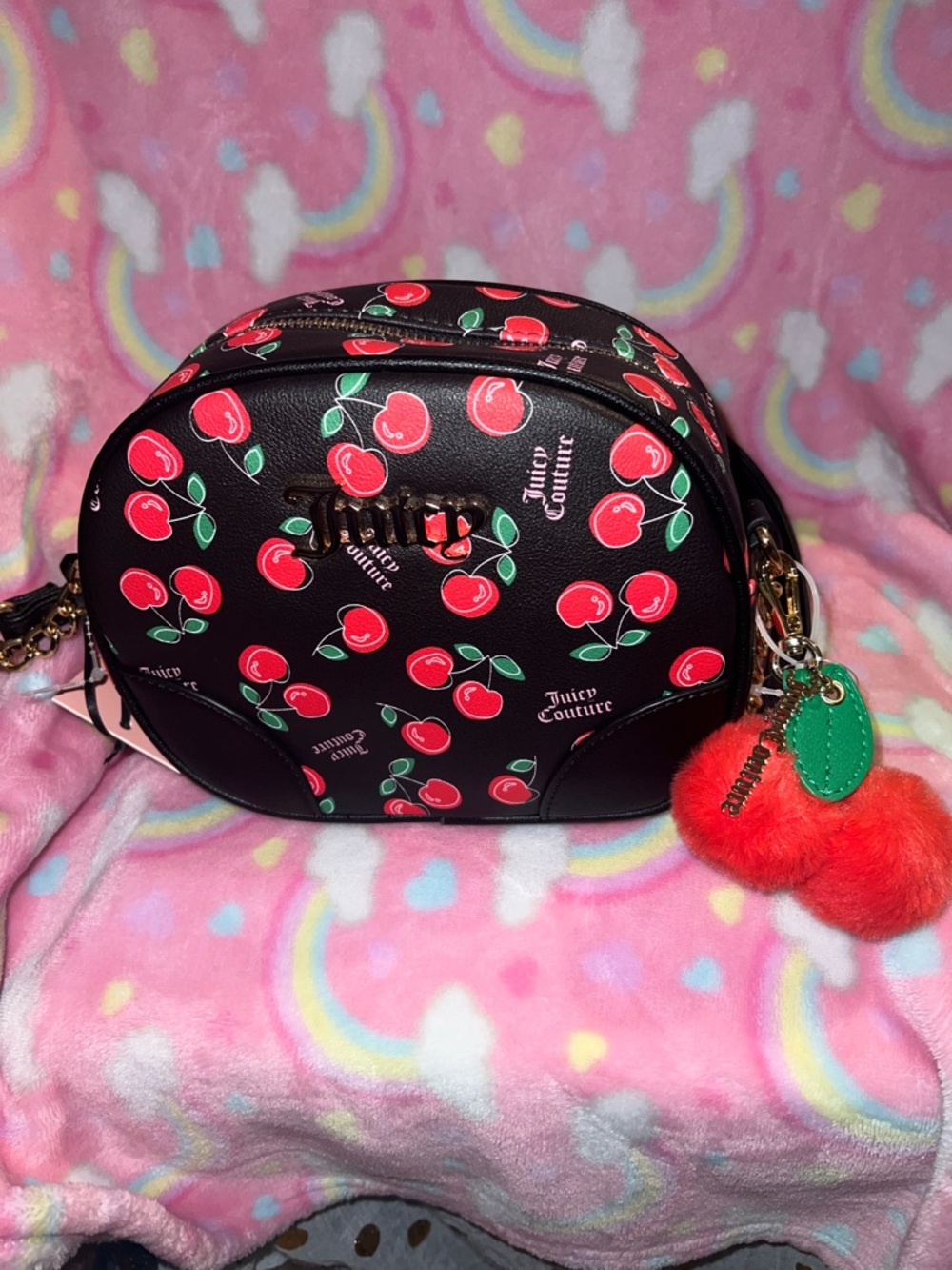 Juicy Couture Black Cherry Print Crossbody with Pom Charm